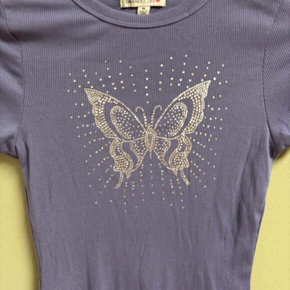 VTG Orange Kiss‎ Womens Y2K Ribbed Shirt Size M Butterfly Rhinestones Bling - Picture 4 of 9